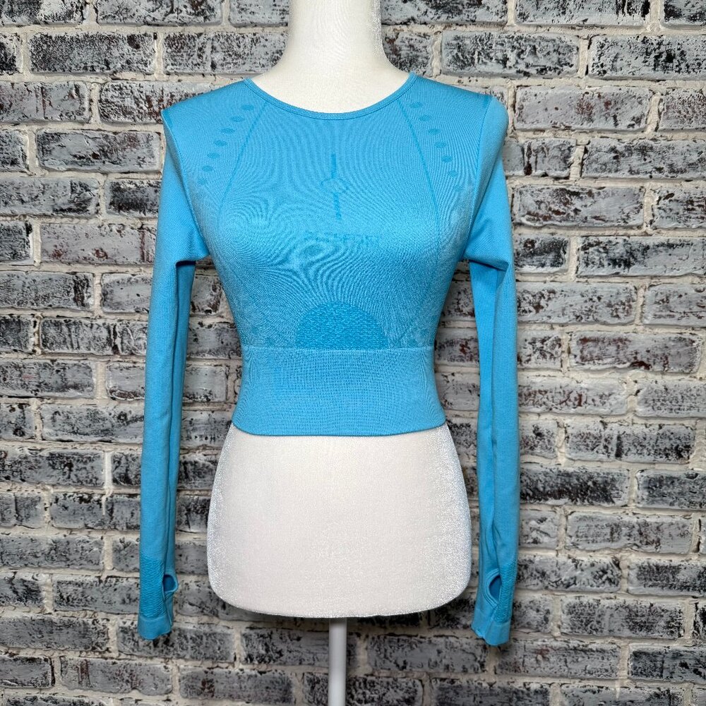 NWT PLTSport Seamless Contrast Thumbholes Long Sleeve Workout Top Blue Size S